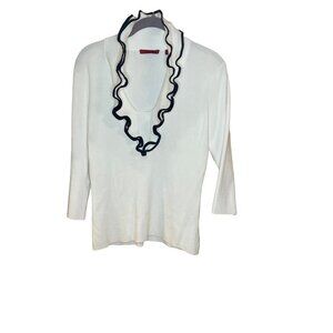 RED Dressy White Black Ruffle Neck 3/4 Sleeve Sweater Sz M
